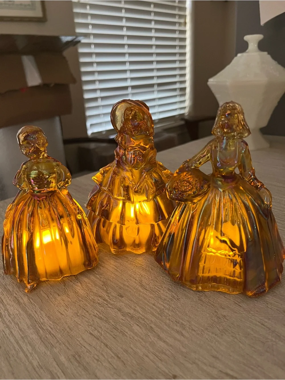 Vintage Wheaton Marigold Carnival Glass Ladies Fairy Lamp Trio